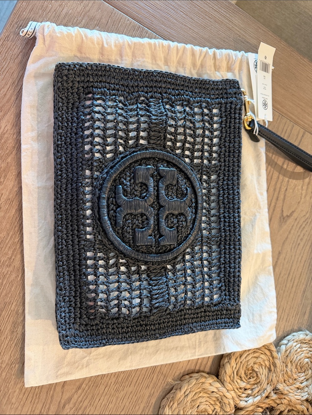 NWT Tory Burch Black Woven Logo Wristlet